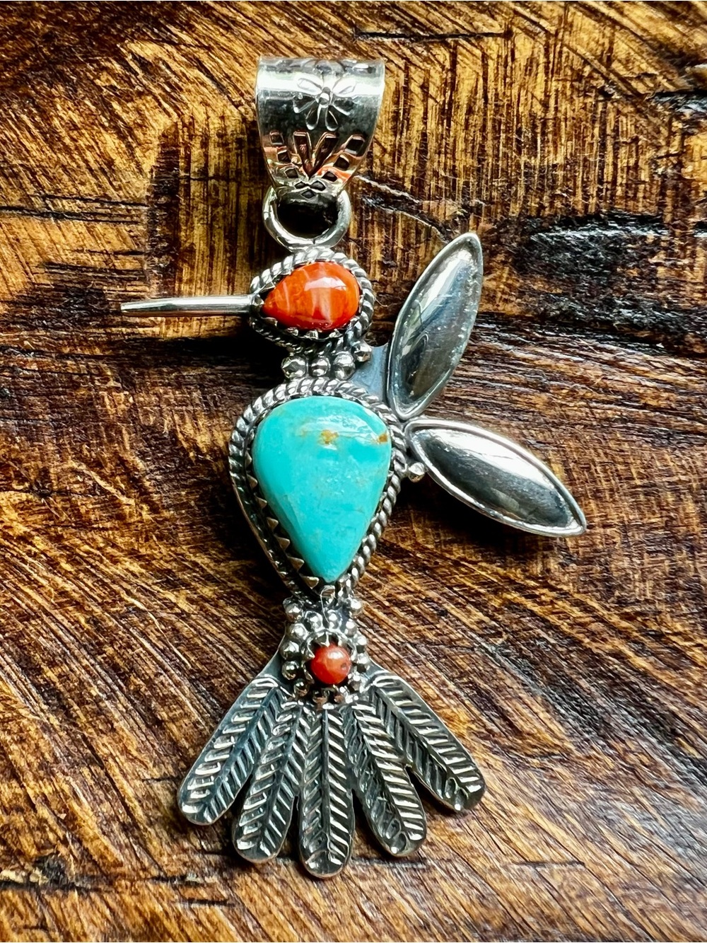 Kingman Turquoise Spiny Oyster Coral Hummingbird Pendant